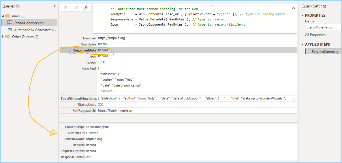 Screenshot Viewing the metadata record in Power Query